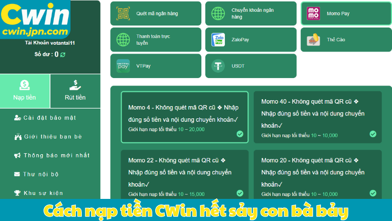 Cách nạp tiền CWin hết sảy con bà bảy