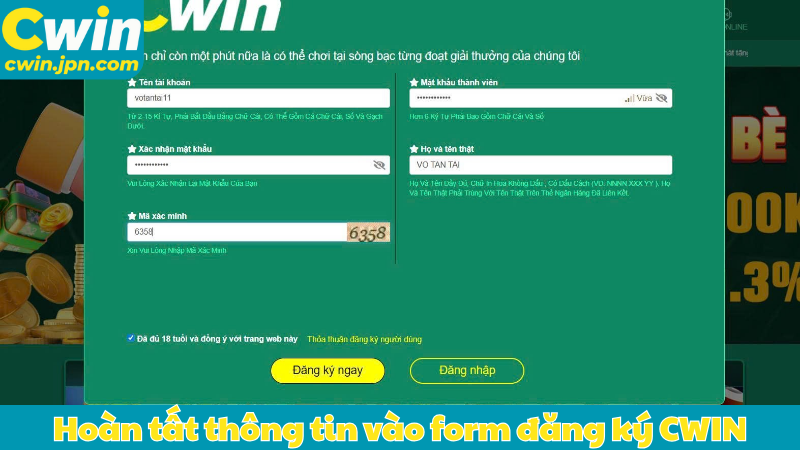 Hoàn tất thông tin vào form đăng ký CWIN