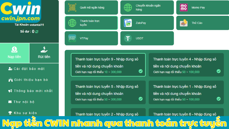 Nạp tiền CWIN nhanh qua thanh toán trực tuyến